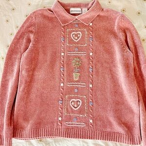 SOLD Vintage Alfred Dunner size M collard pink embroidered flowery beaded